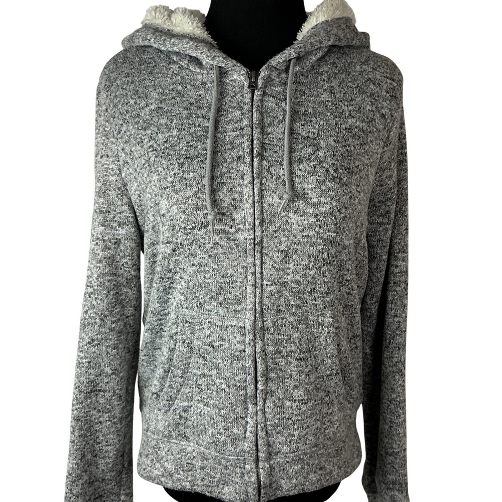 Aeropostale Full Zip Hoodie Womens Medium Gray Faux Fur Lined Marl Knit Jacket